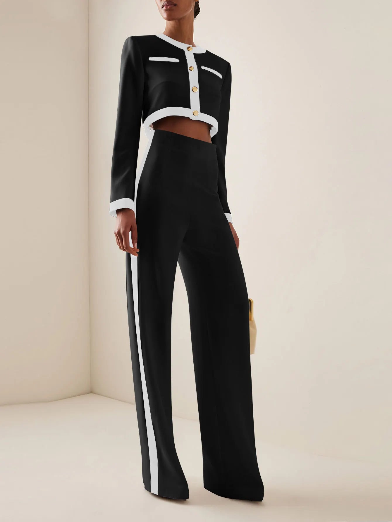 Two-Piece Set: Round Neck Long Sleeve Button-Up Top with Loose Wide-Leg Pants