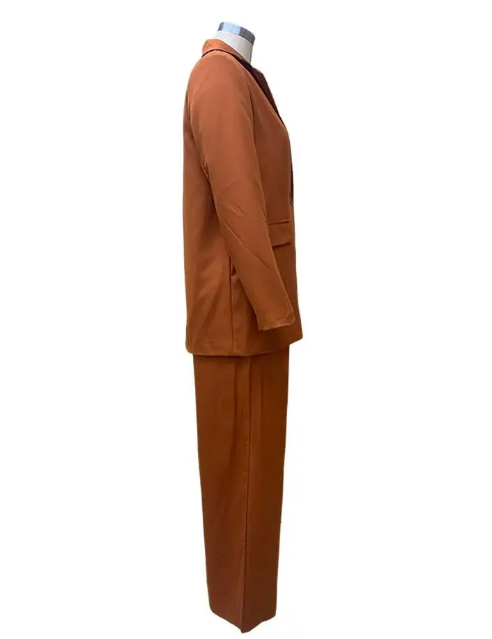 Solid Turn-Down Collar Coat & Wide Leg Trousers