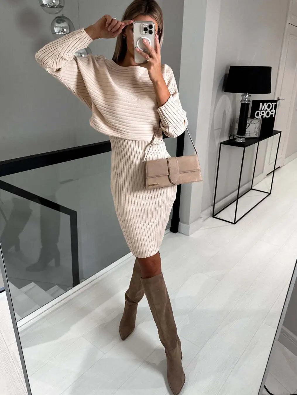 Women’s Autumn Winter 2-Piece Set – Elegant Long Sleeve Pullover & Dress