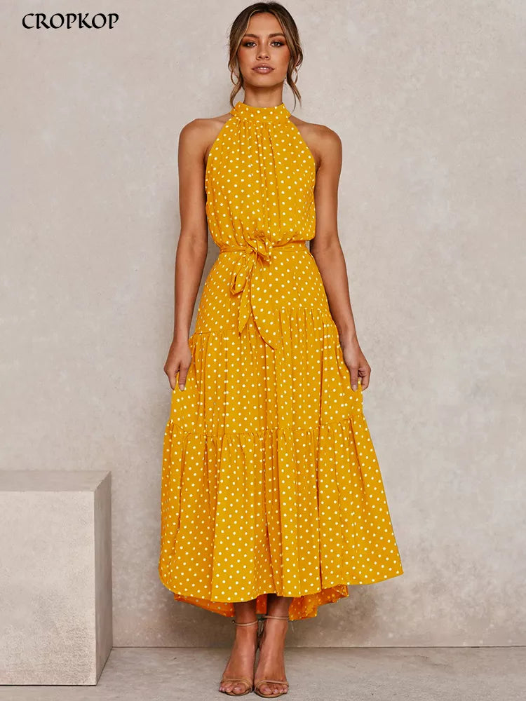 Summer Long Dress Polka Dot Casual Dresses Sexy Halter Strapless New 2024 Yellow Sundress Vacation Clothes For Women - Mammalook