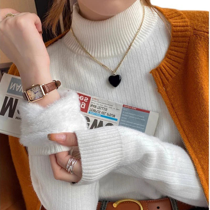 Women's Turtleneck Sweater Winter Retro Red With Velvet Lining Thickened Wear Knitting Thermal Bottoming Shirt - Mammalook
