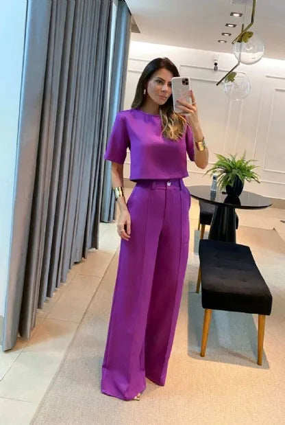 Two-Piece Set: Short Sleeve Top with Wide-Leg Long Pants