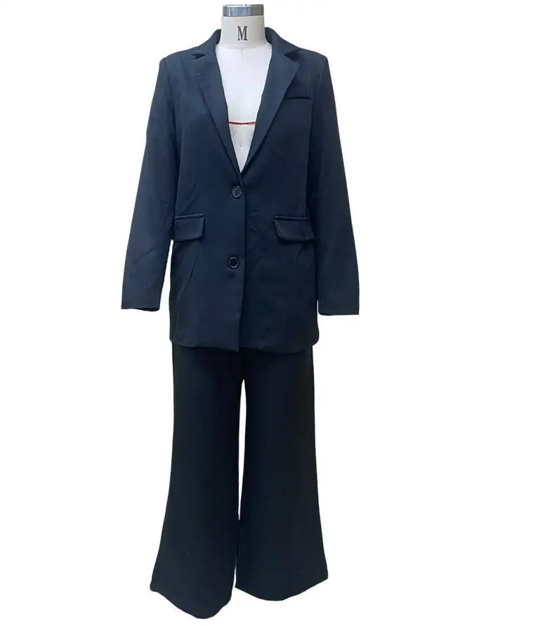 Solid Turn-Down Collar Coat & Wide Leg Trousers