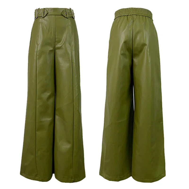 High-Waisted Faux PU Wide-Leg Pants: Loose Trousers with Pockets