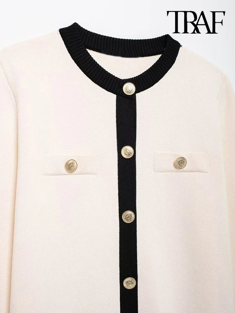 Knitted Cardigan with Golden Button, O-Neck Long-Sleeve