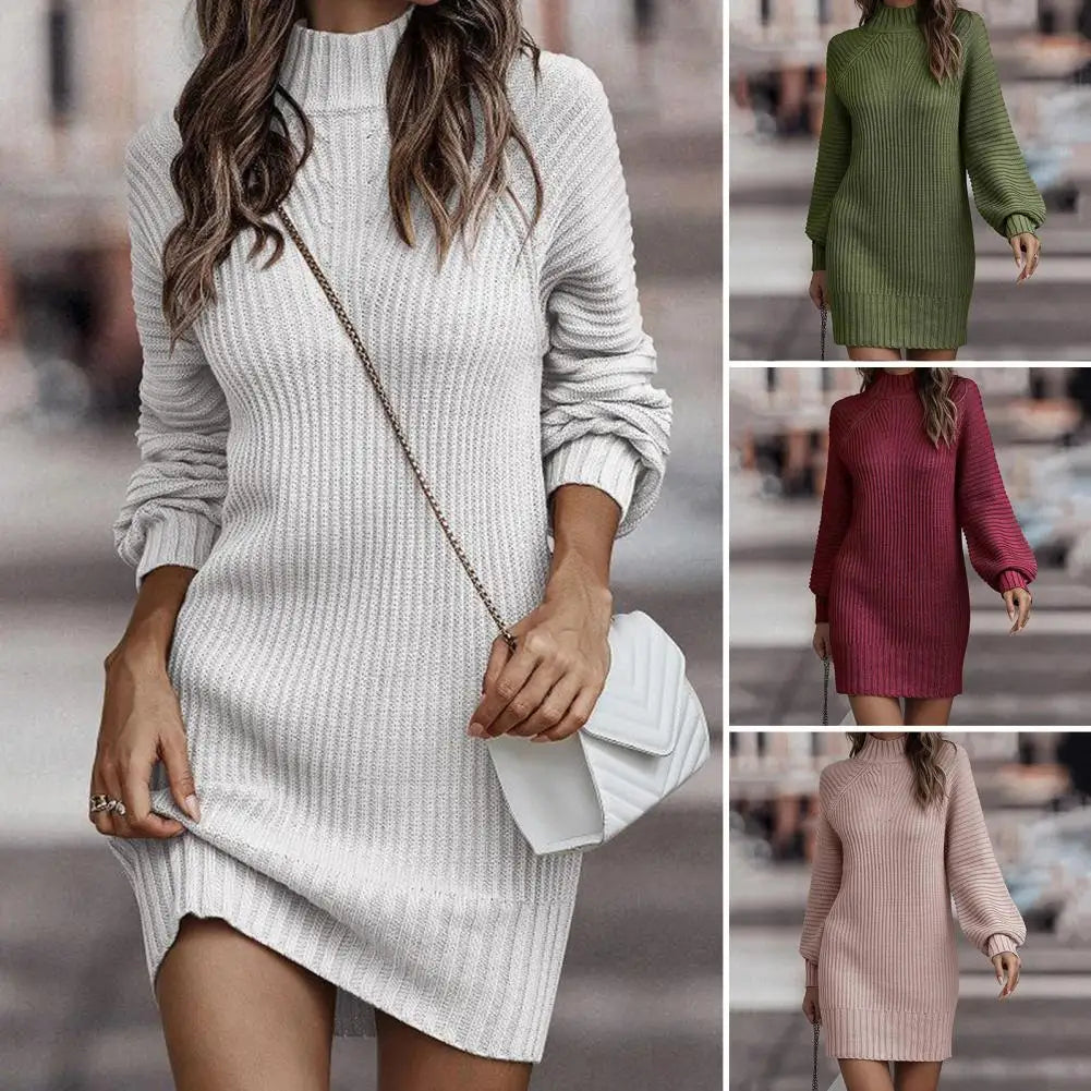 Women's Ribbed Knitted Sweater Dress – Long Sleeve Breathable Winter Office Wear
