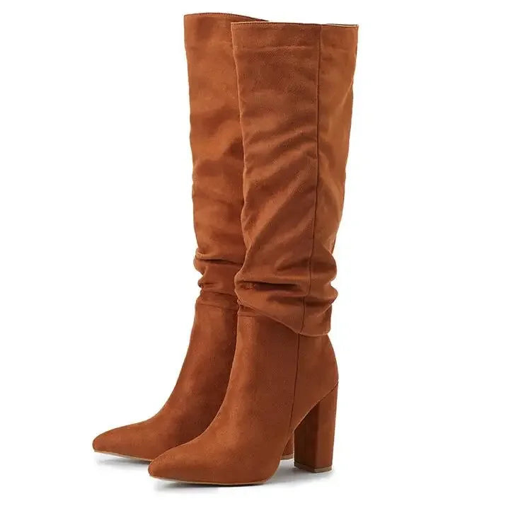 High-quality Leather/suede Pleated Knee-High Boots for Womens Sexy Pointed Toe 10CM Chunky Heels Knight Boots Winter New - Mammalook