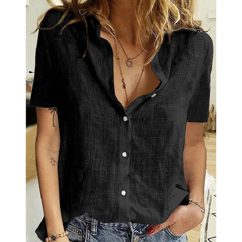 Linen Oversized Shirt - Short Sleeve, Loose Blouse