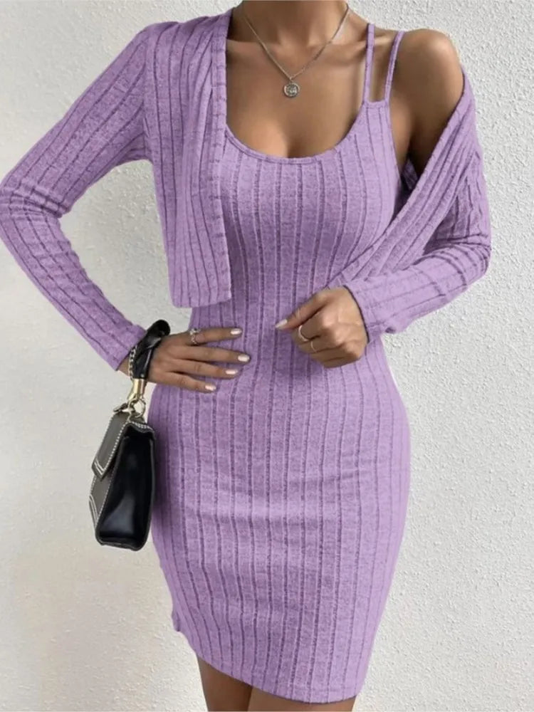 2-Piece Mini Dress Set – Double Strap Bodycon Vest & Long Sleeve Cardigan