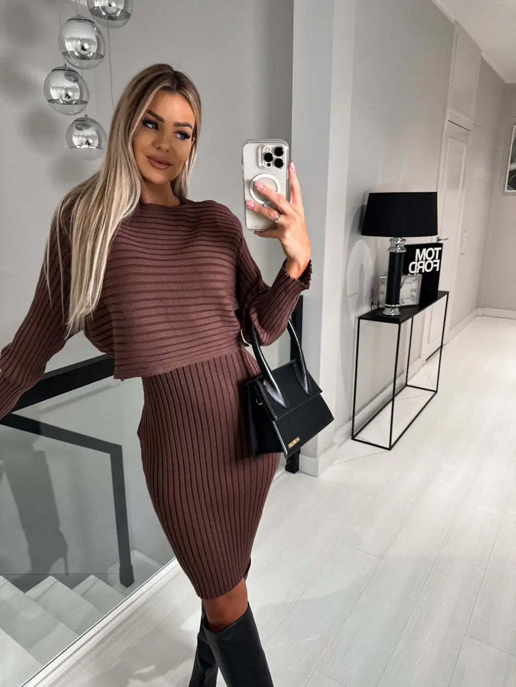 Women’s Autumn Winter 2-Piece Set – Elegant Long Sleeve Pullover & Dress