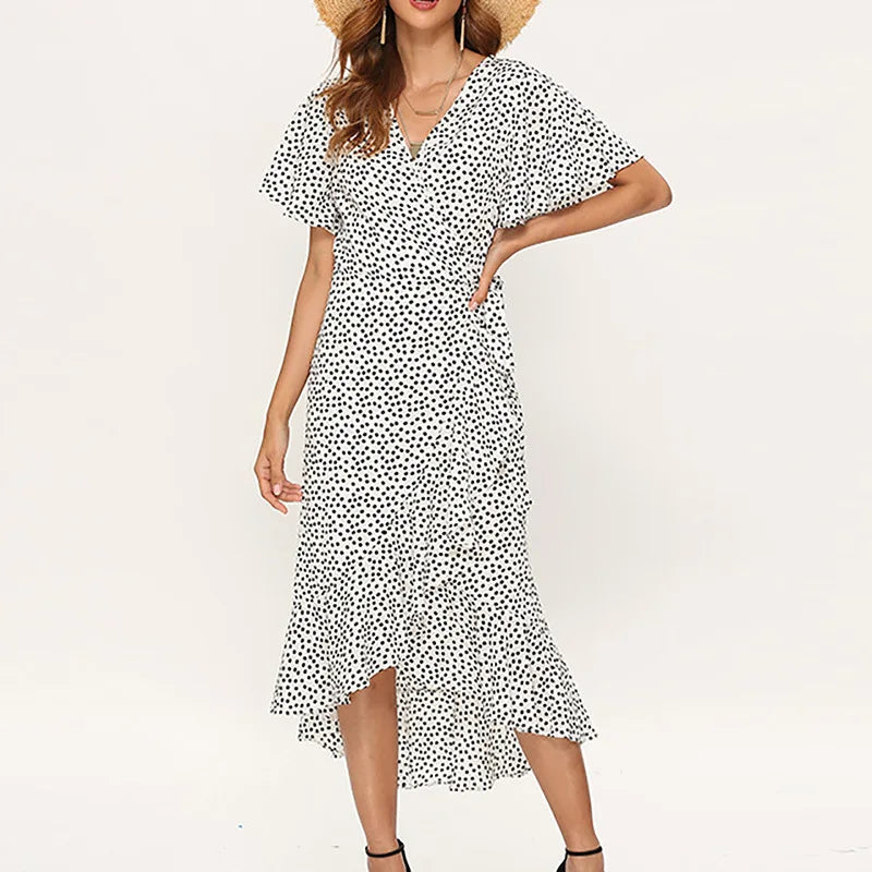 Women Summer Dresses Bohemian Sexy V-Neck Irregular High Waist Lace-up Chiffon Print Dress Casual Beach Long Dress - Mammalook