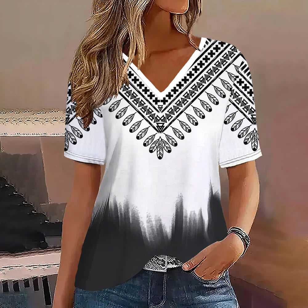 Fashion Women T Shirt Stripes Print Gradient V Neck Short Sleeve Basic Tops Streetwear Summer Oversized Clothing Female T-Shirts - Mammalook