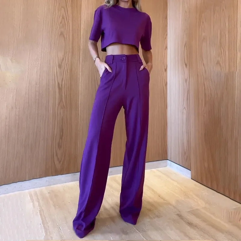 Two-Piece Set: O-Neck Cropped Top and High-Waist Straight Trousers