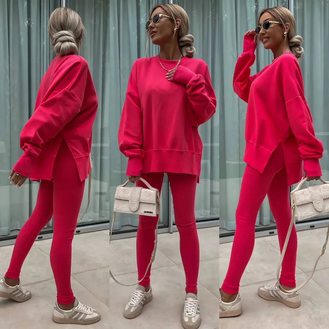 Two-Piece Tracksuit: Solid Loose Sweatshirt with Split Pullover and Pencil Pants