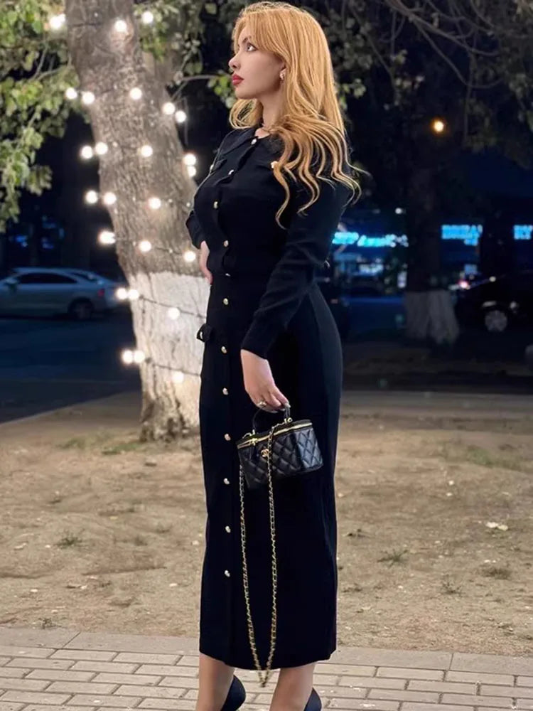 2-Piece Knit Set: Lapel Cropped Knitwear Pullover Top with Wrap-Style Ankle-Length Skirt Tracksuit