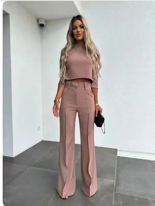 Small High Neck Fit Women's Set Solid Pocket Micro Horn Pants Set for office lady Outfits - Mammalook