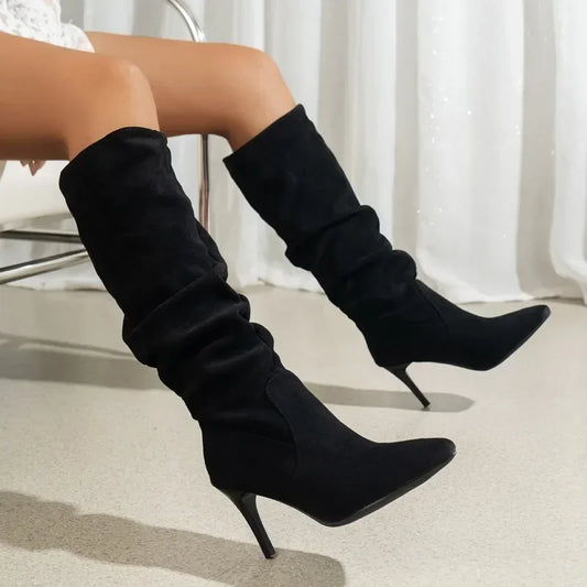 2024 Plus Size Shoes Ladies Knee-High Women's Boots Slip on Modern Boots Women Pleated Pointed Toe High Thin Heels Women's Shoes - Mammalook