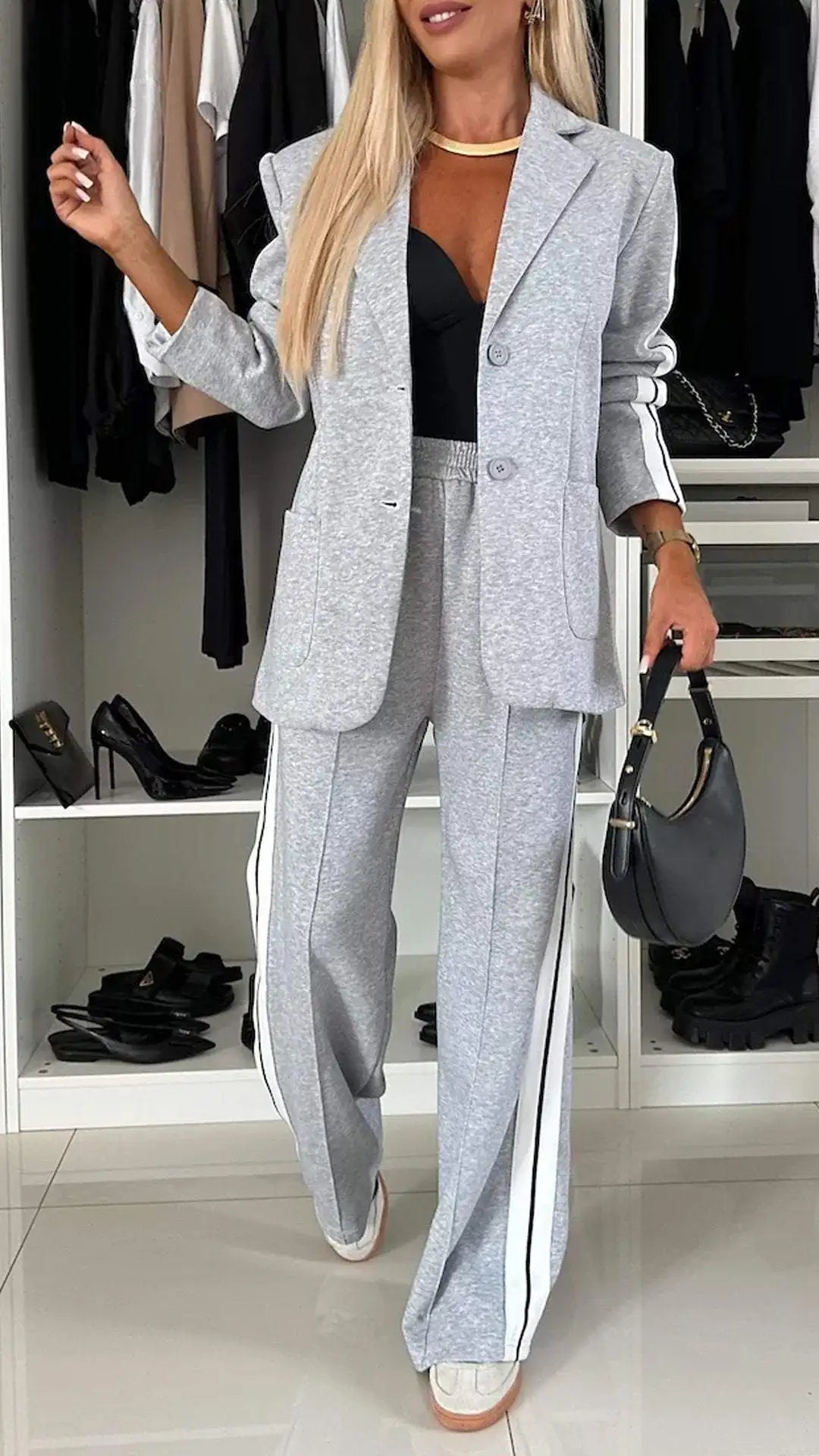 Two-Piece Set - V-neck Long Sleeve Blazer, Straight Leg Pant Sports