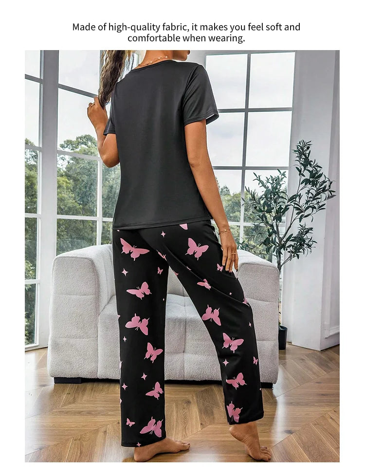 Pajamas Sets - Short Sleeve Tops With Pants Set Butterfly Printing