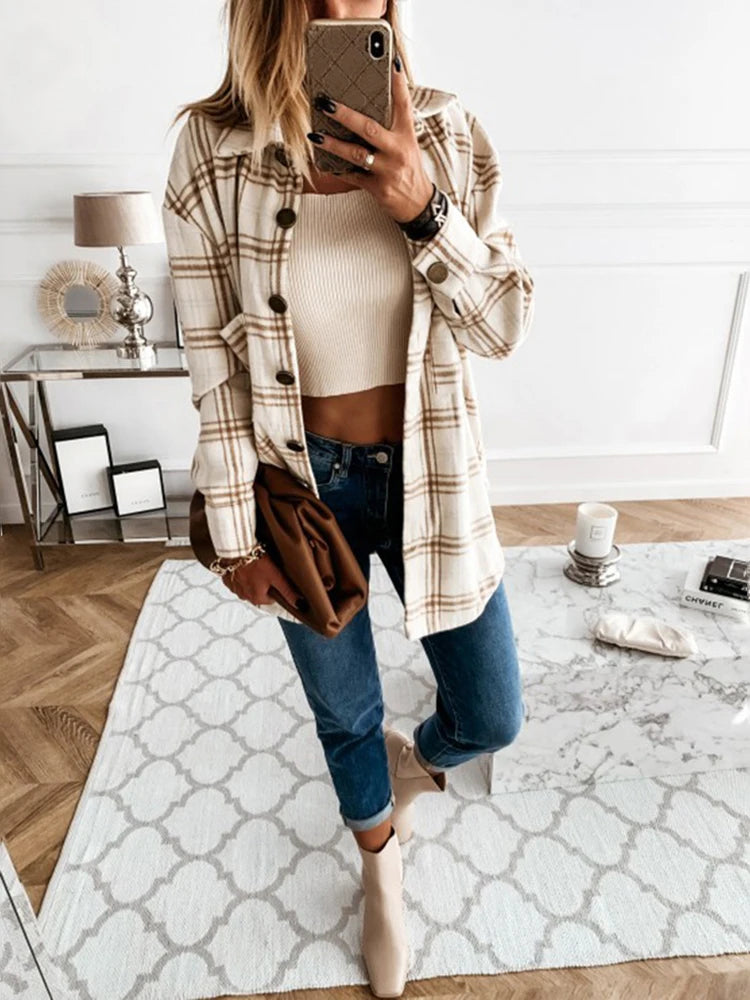 Autumn Spring Vintag Plaid Shirt Women Casual White Long Sleeve Pocket Collared Shirts Top Clothes Fashion New 2023 Fall - Mammalook