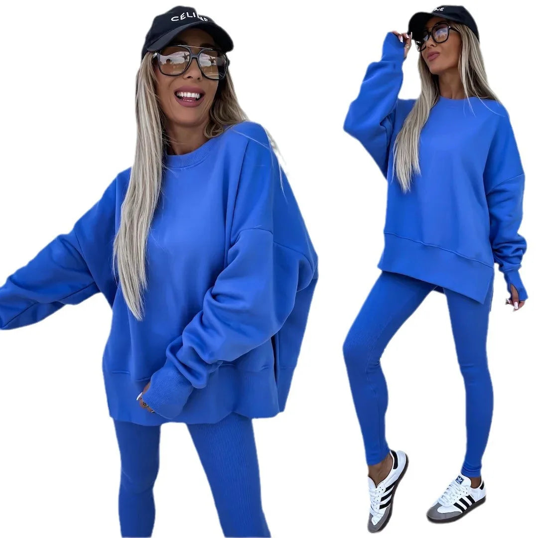 Two-Piece Tracksuit: Solid Loose Sweatshirt with Split Pullover and Pencil Pants