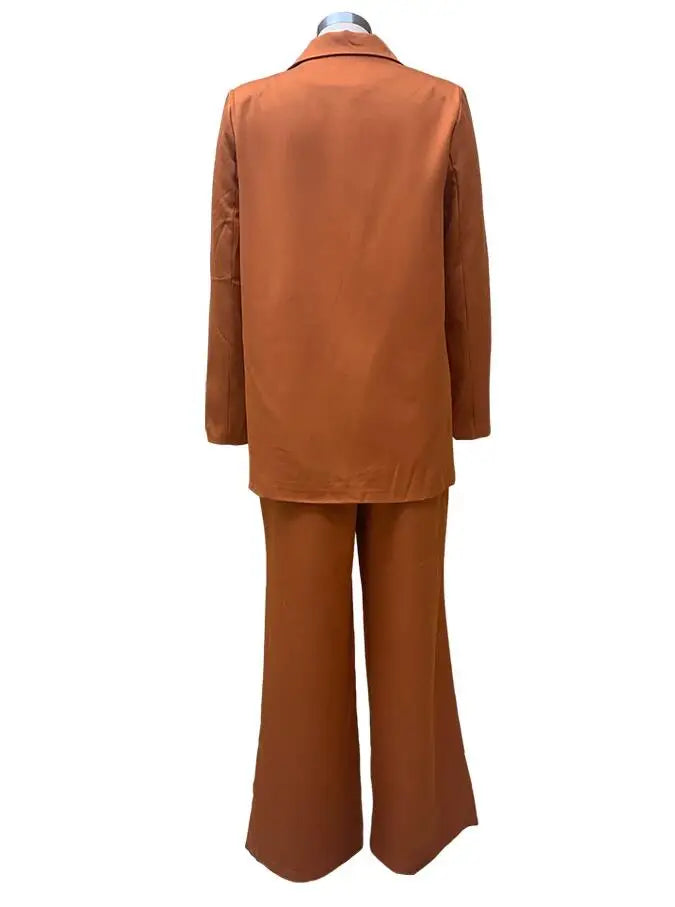 Solid Turn-Down Collar Coat & Wide Leg Trousers