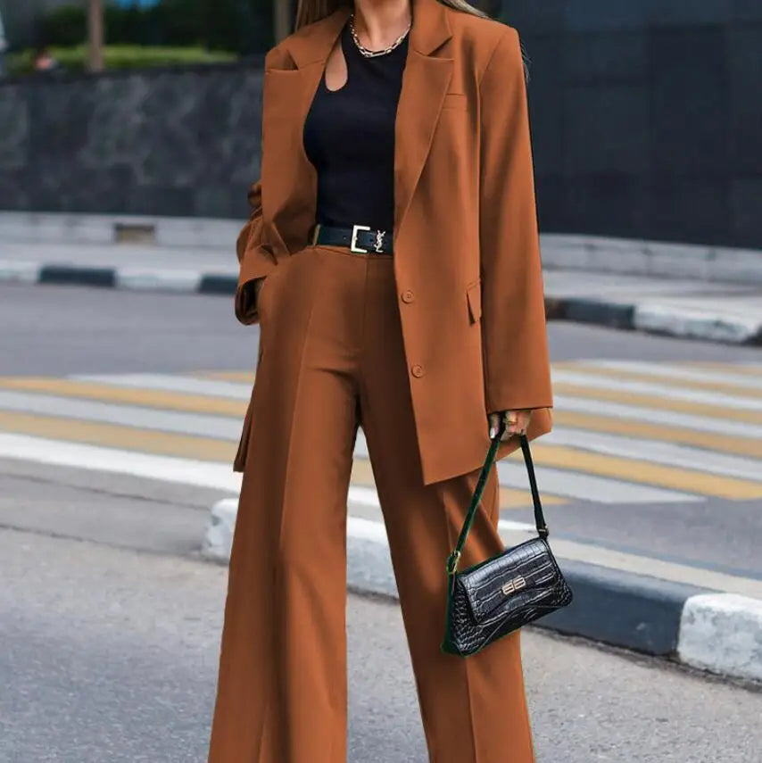 Solid Turn-Down Collar Coat & Wide Leg Trousers