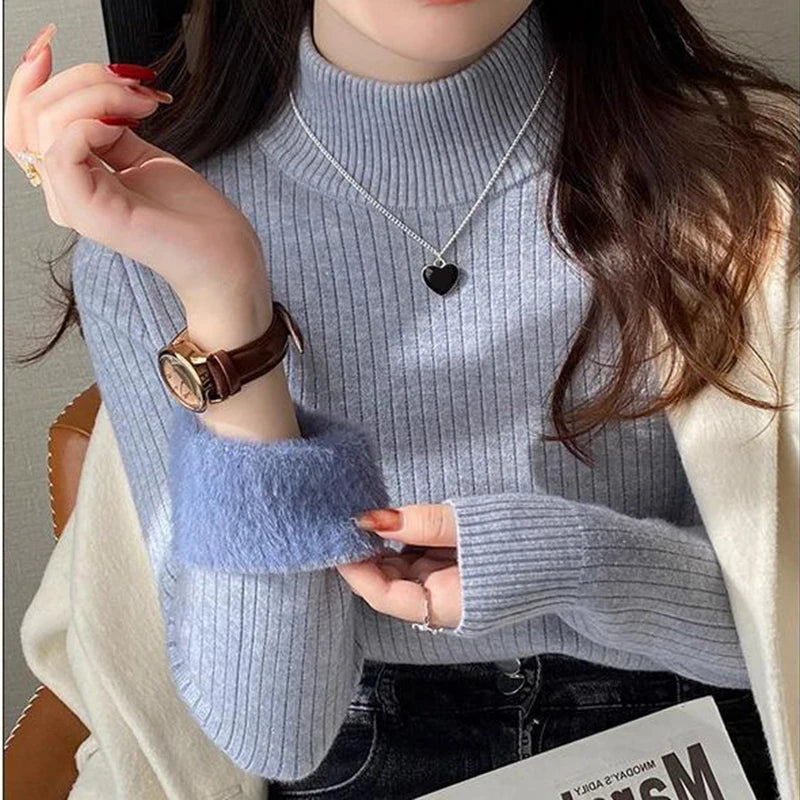 Women's Turtleneck Sweater Winter Retro Red With Velvet Lining Thickened Wear Knitting Thermal Bottoming Shirt - Mammalook