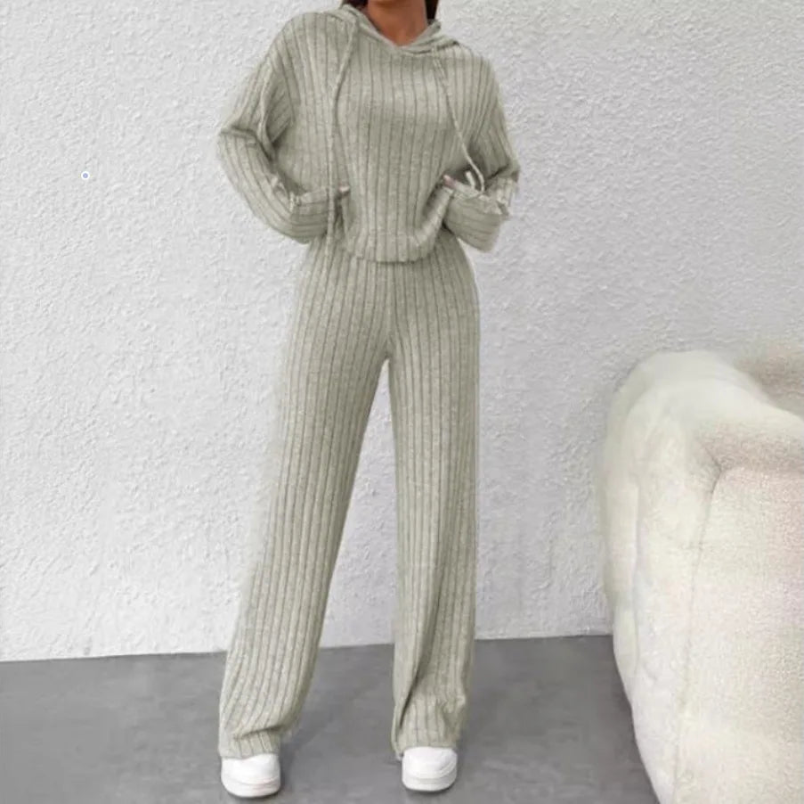 Two-piece Set - Casual Knitted Striped Hooded Sweatshirt Loose Long Sleeved, Long Pants