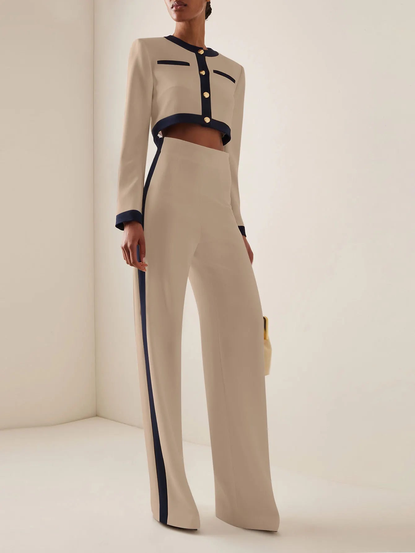 Two-Piece Set: Round Neck Long Sleeve Button-Up Top with Loose Wide-Leg Pants