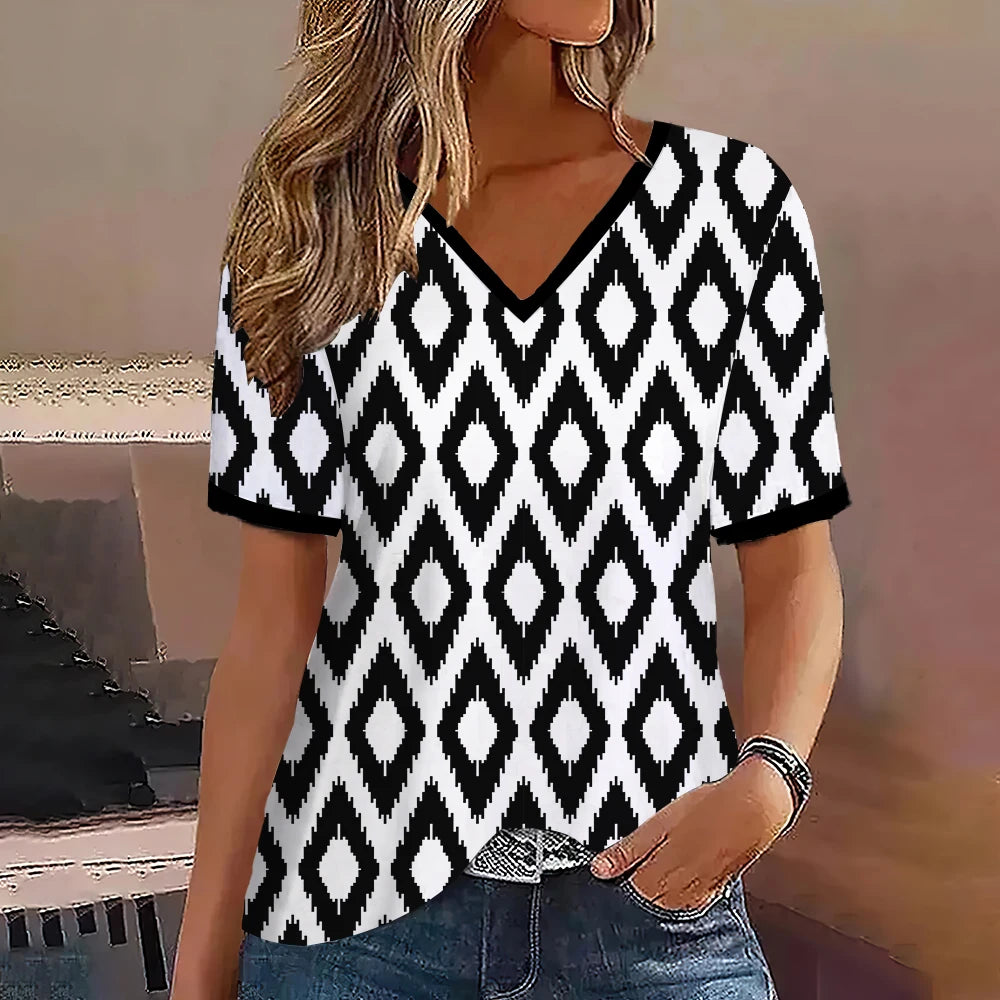 Fashion Women T Shirt Stripes Print Gradient V Neck Short Sleeve Basic Tops Streetwear Summer Oversized Clothing Female T-Shirts - Mammalook