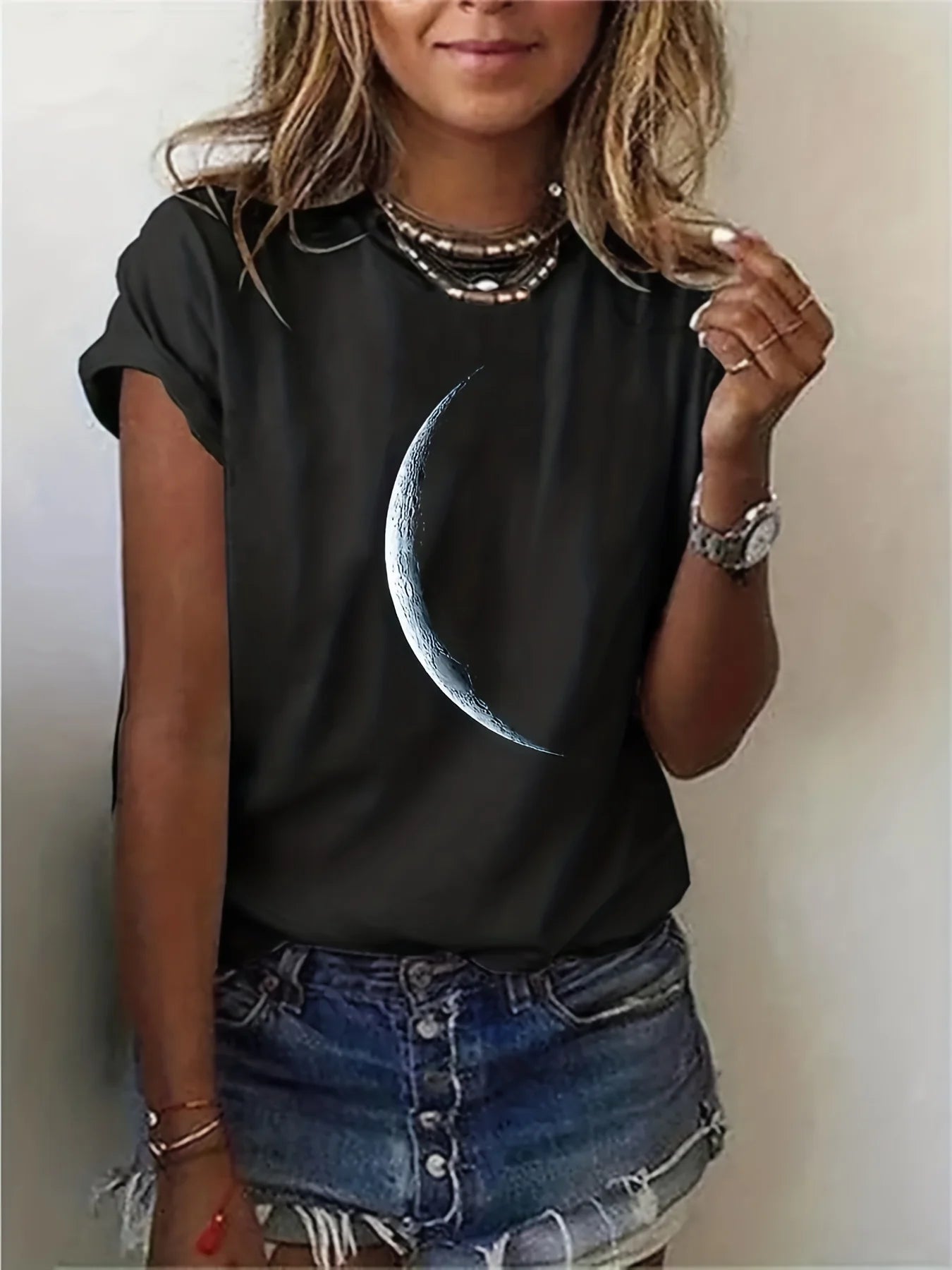 Plus Size Casual T-shirt Women's Plus Moon Print Short Sleeve Round Neck Slight Stretch T-shirt - Mammalook