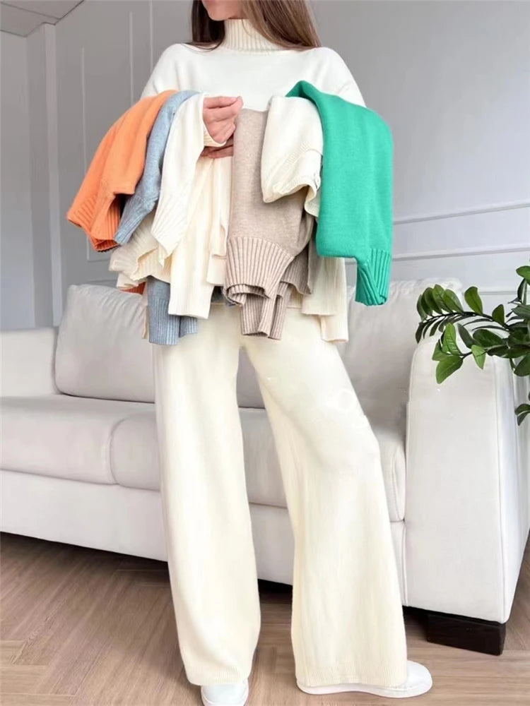 Two-Pieces Sets - Knitted Tracksuit Turtleneck Sweater and Straight Jogging Pants