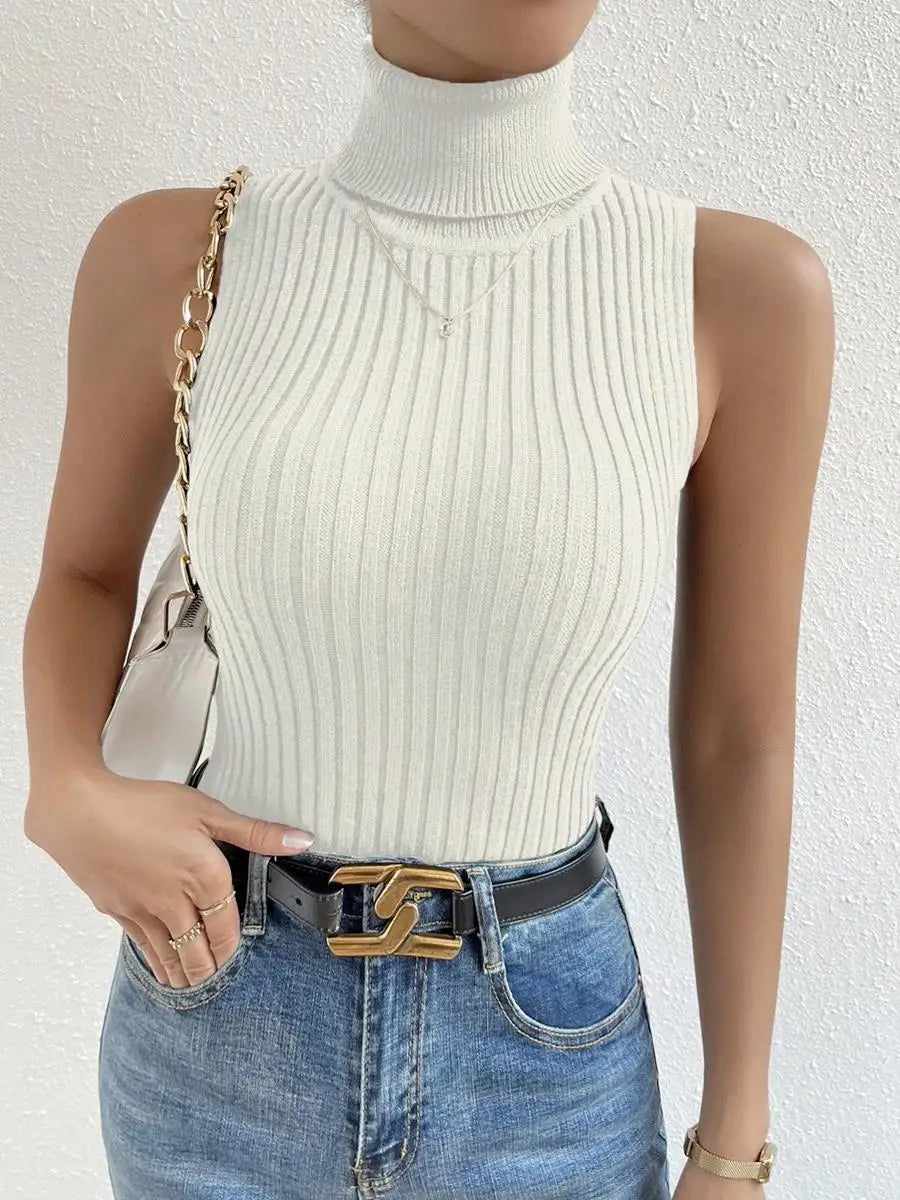 Turtleneck Sleeveless Ribbed Knit Top