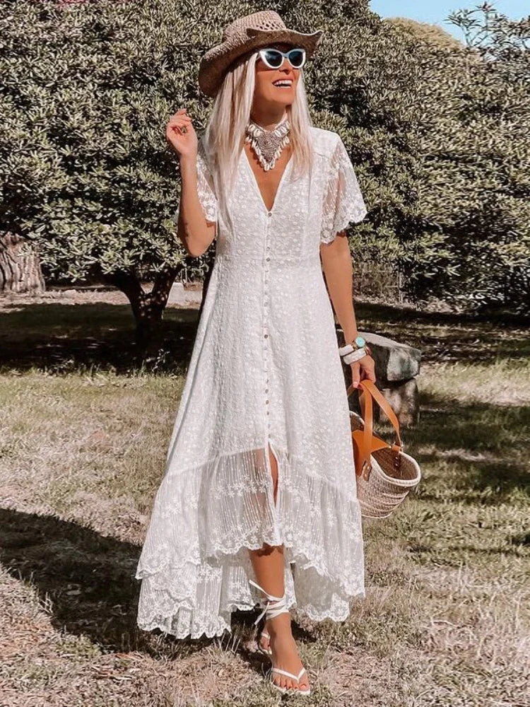 Elegant Dress Women Off Shoulder Lace Patchwork Dress Casual Bohemian Deep V Neck Short Sleeve Loose Vestidos Summer Dresses - Mammalook