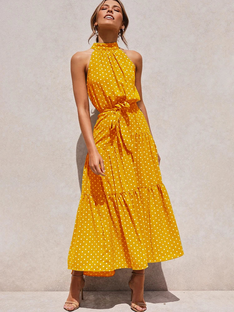Summer Long Dress Polka Dot Casual Dresses Sexy Halter Strapless New 2024 Yellow Sundress Vacation Clothes For Women - Mammalook