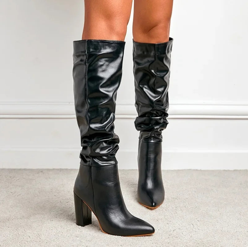 High-quality Leather/suede Pleated Knee-High Boots for Womens Sexy Pointed Toe 10CM Chunky Heels Knight Boots Winter New - Mammalook