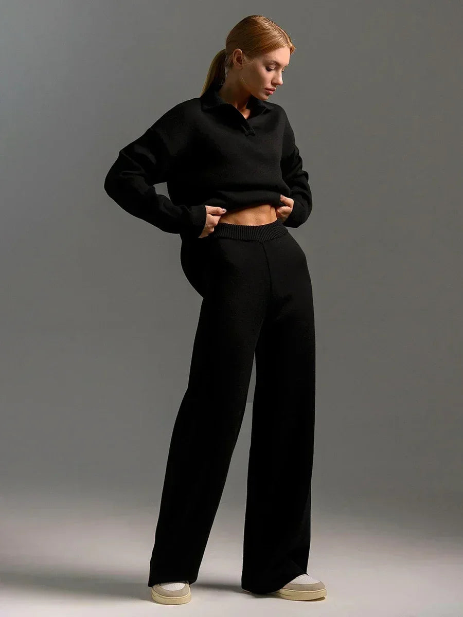 Two-Pieces Set -  Polo Neck Sweater & Wide Leg Pants Knitted Outfit