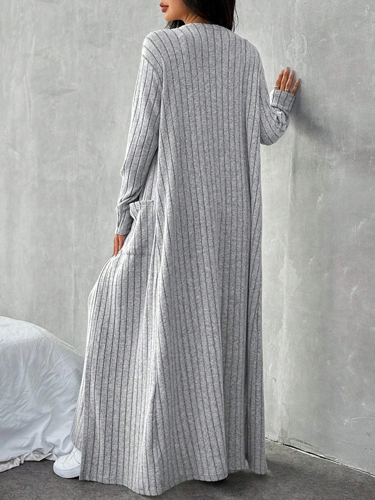 3-Piece Knit Lounge Set – High Waist Flare Pants, Crop Top & Duster Cardigan