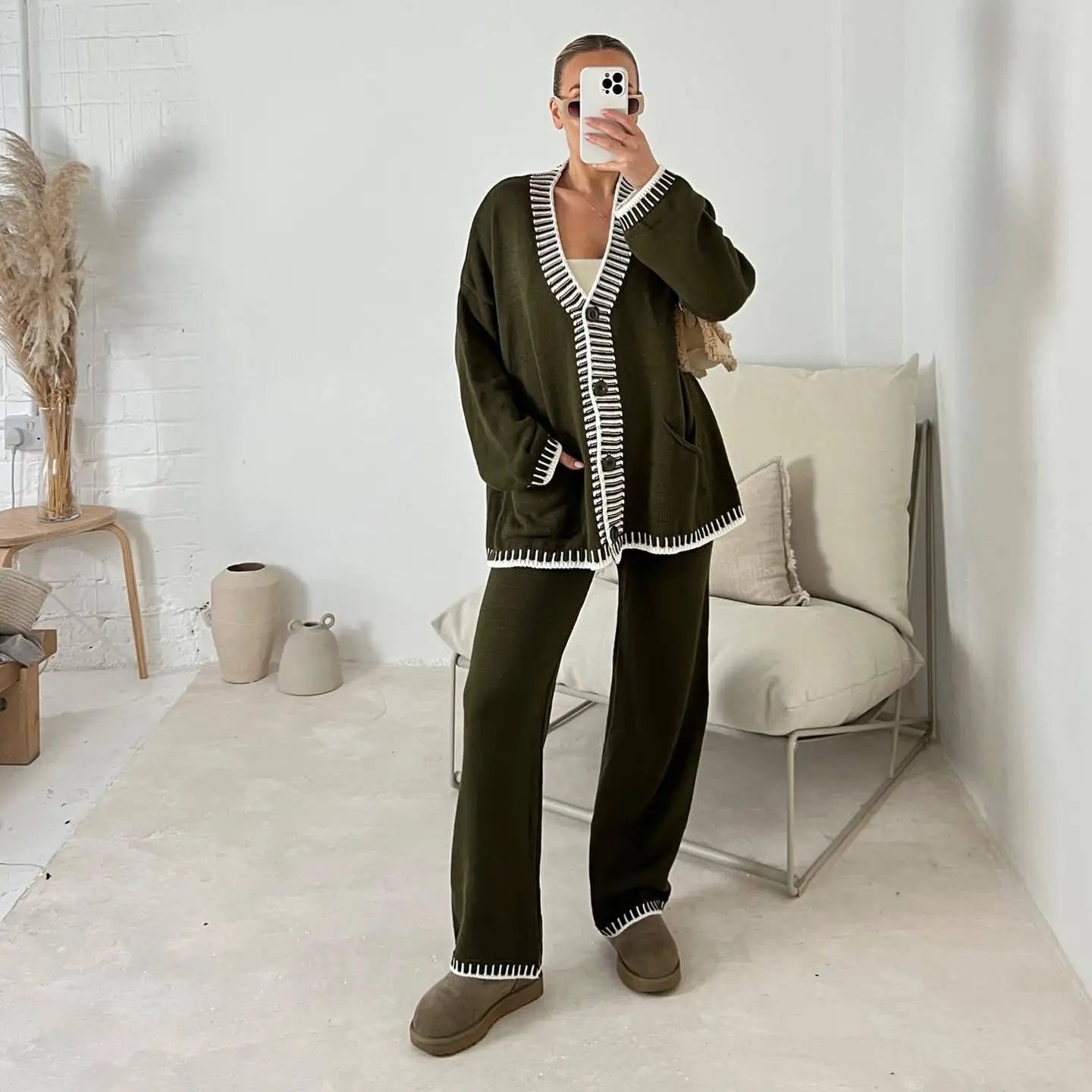 Knitted Single Breasted Two Piece Set