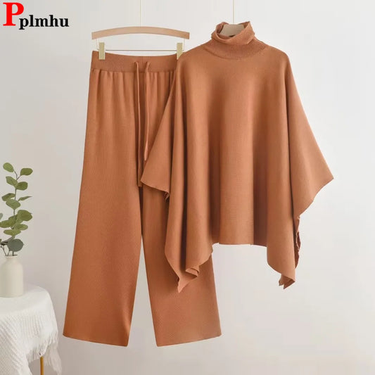 Elegant New Knitted 2 Piece Sets Women Turtleneck Long Sleeve Knitwears Sweater Conjuntos Casual High Waist Sweatpants Outfit - Mammalook