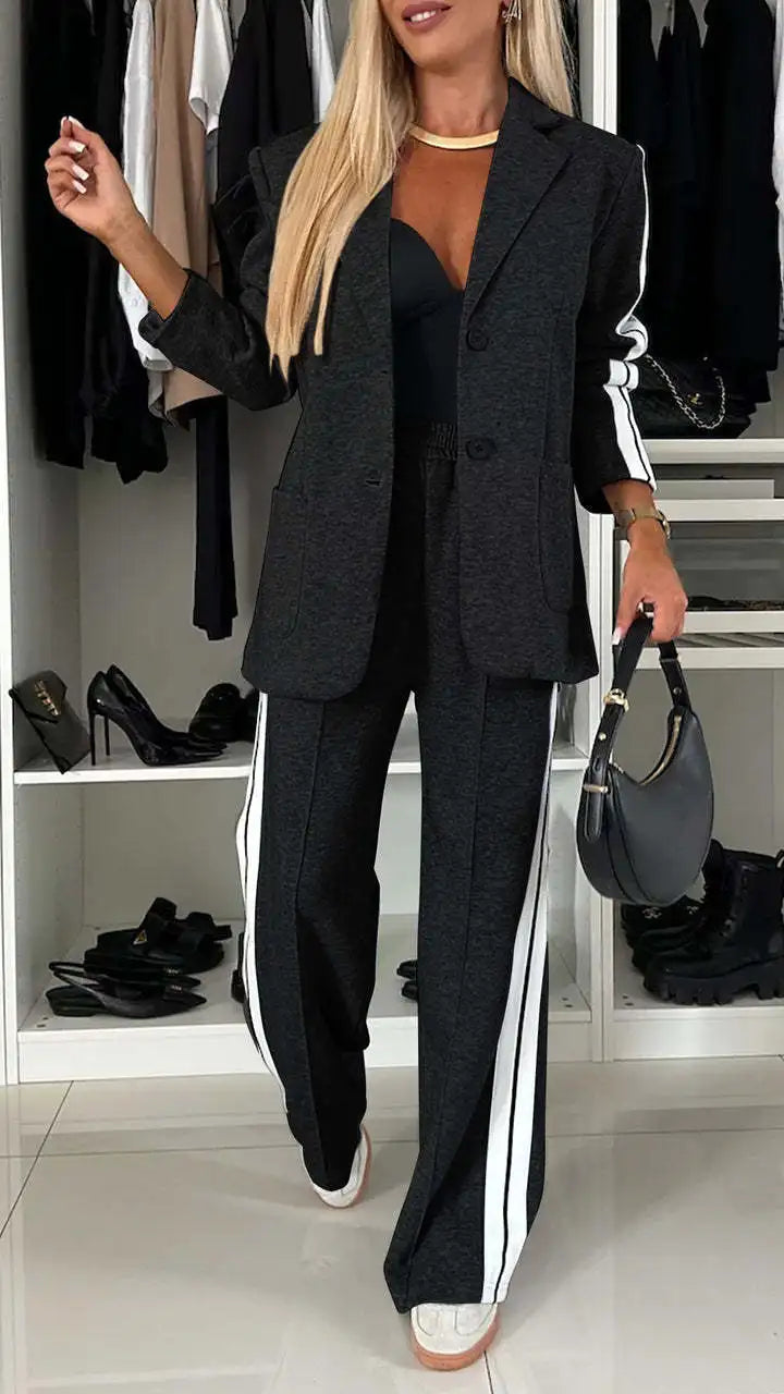 Two-Piece Set - V-neck Long Sleeve Blazer, Straight Leg Pant Sports