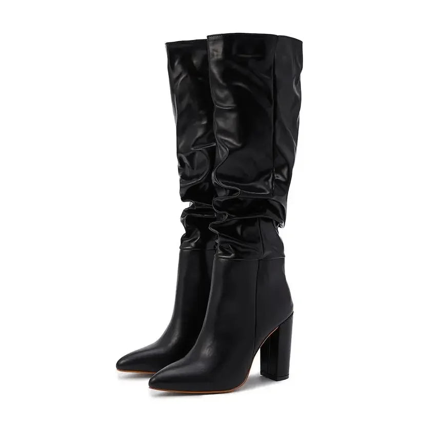 High-quality Leather/suede Pleated Knee-High Boots for Womens Sexy Pointed Toe 10CM Chunky Heels Knight Boots Winter New - Mammalook