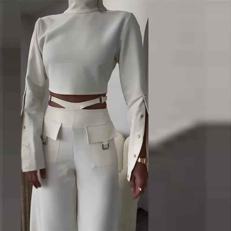 Two-Piece Sets - Turtleneck Full Sleeve Tops, Wide Leg Long Pants Loose