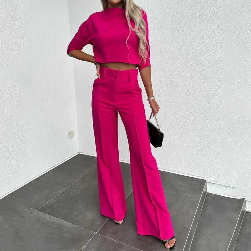 Small High Neck Fit Women's Set Solid Pocket Micro Horn Pants Set for office lady Outfits - Mammalook