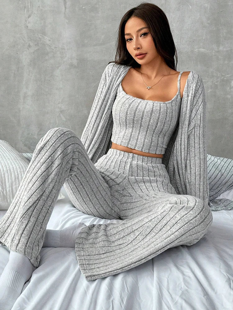 3-Piece Knit Lounge Set – High Waist Flare Pants, Crop Top & Duster Cardigan