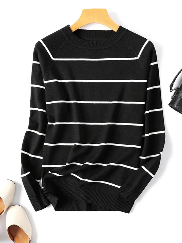 Womens Long Sleeve Striped Pullover O-Neck - Mammalook