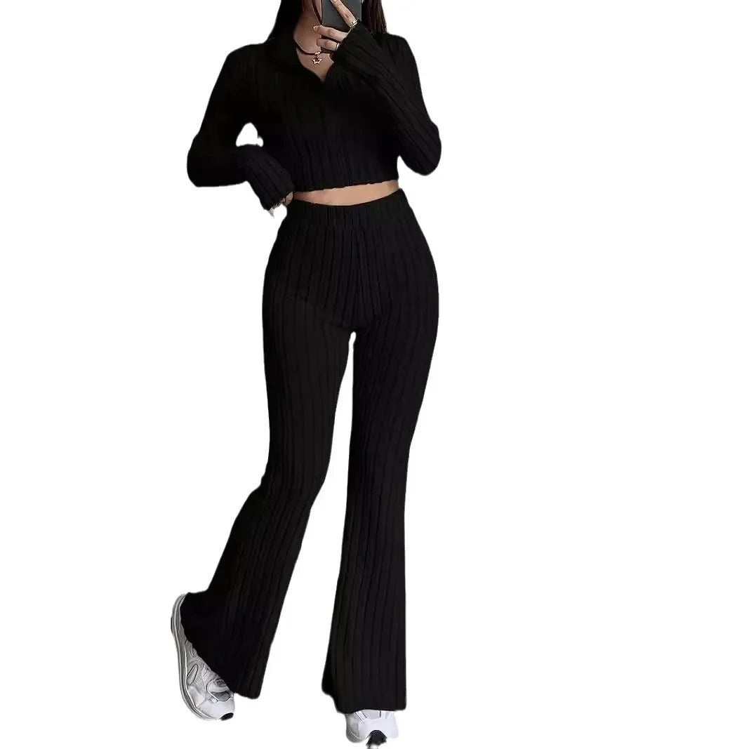 2-Piece Set: Zipper Long Sleeve Cropped Top and High-Waisted Bell-Bottom Pants