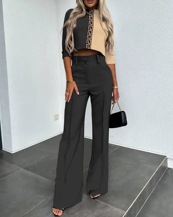 Small High Neck Fit Women's Set Solid Pocket Micro Horn Pants Set for office lady Outfits - Mammalook