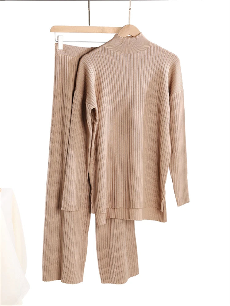 Two-Pieces Sets - Knitted Tracksuit Turtleneck Sweater and Straight Jogging Pants